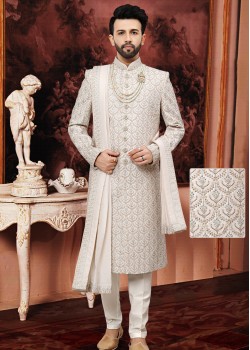 Classic  White Silk Sherwani 